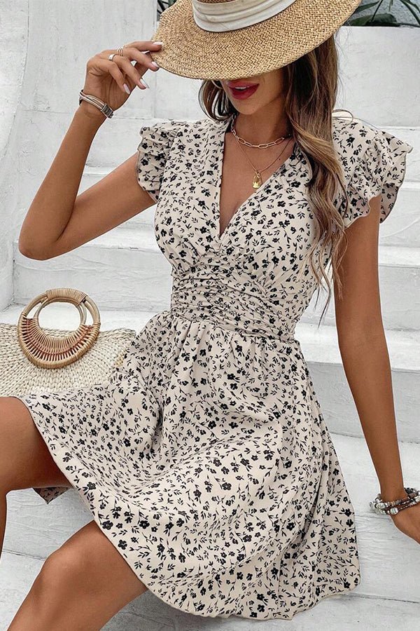 Floral Print V Neck Ruched Waist Mini Dress - Image 2