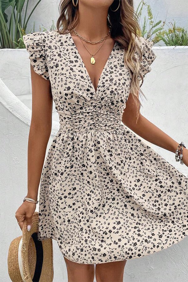 Floral Print V Neck Ruched Waist Mini Dress - Image 5