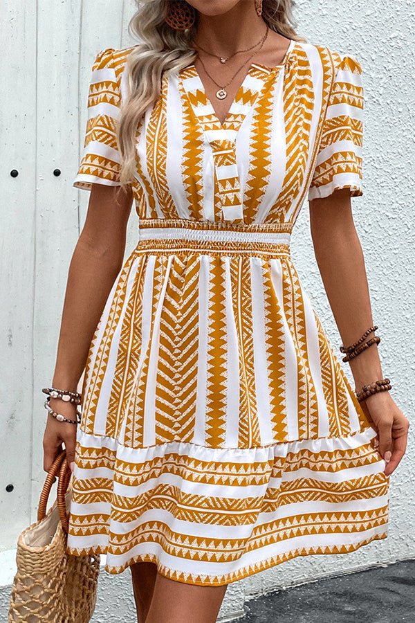 Bohemia Print V Neck Smocked Waist Mini Dress - Image 2