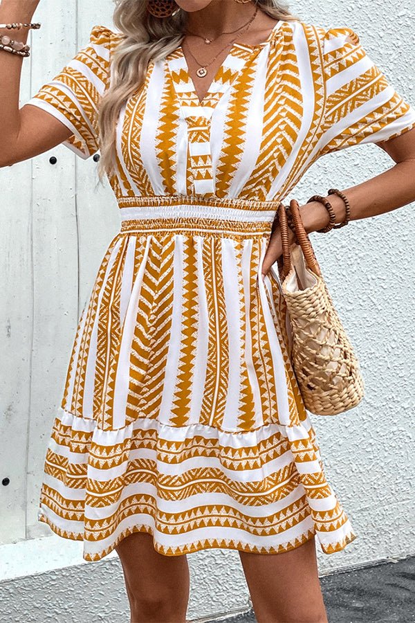 Bohemia Print V Neck Smocked Waist Mini Dress - Image 4