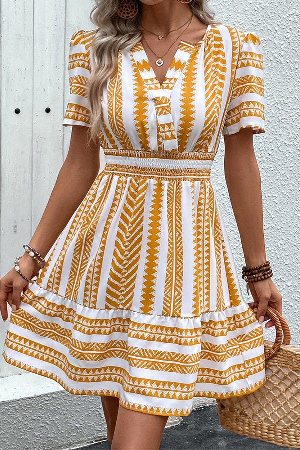 Bohemia Print V Neck Smocked Waist Mini Dress - Image 5