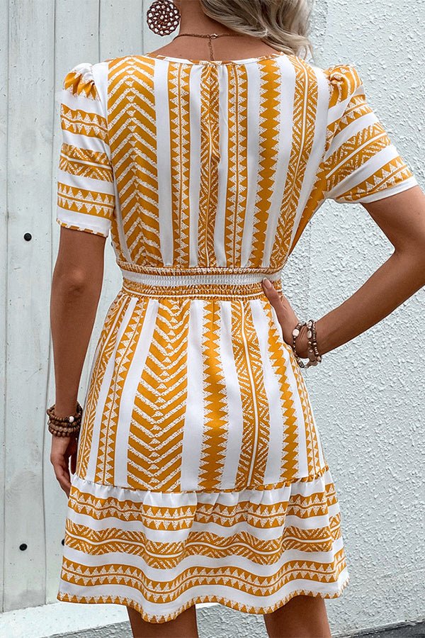 Bohemia Print V Neck Smocked Waist Mini Dress - Image 6